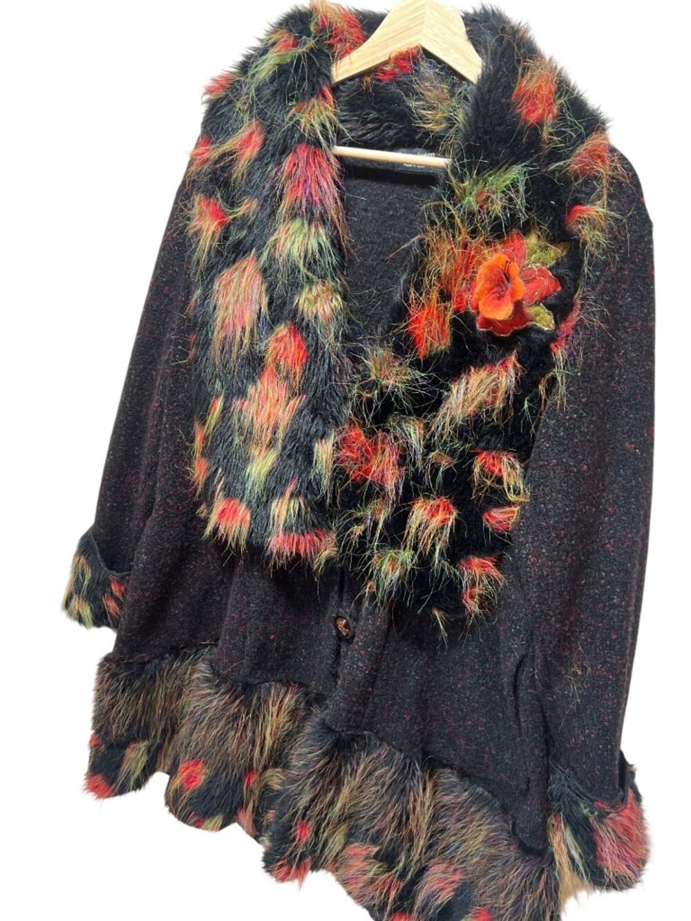 Lee Andersen Mixed Media Art To Wear Jacket With Faux Fur Trim & Floral Accents